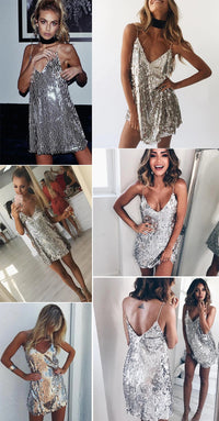 Deep V Neck Autumn Silver Sequined Backless Sexy Dress Women Off Shoulder Mini  Christmas Party Club  Vestidos