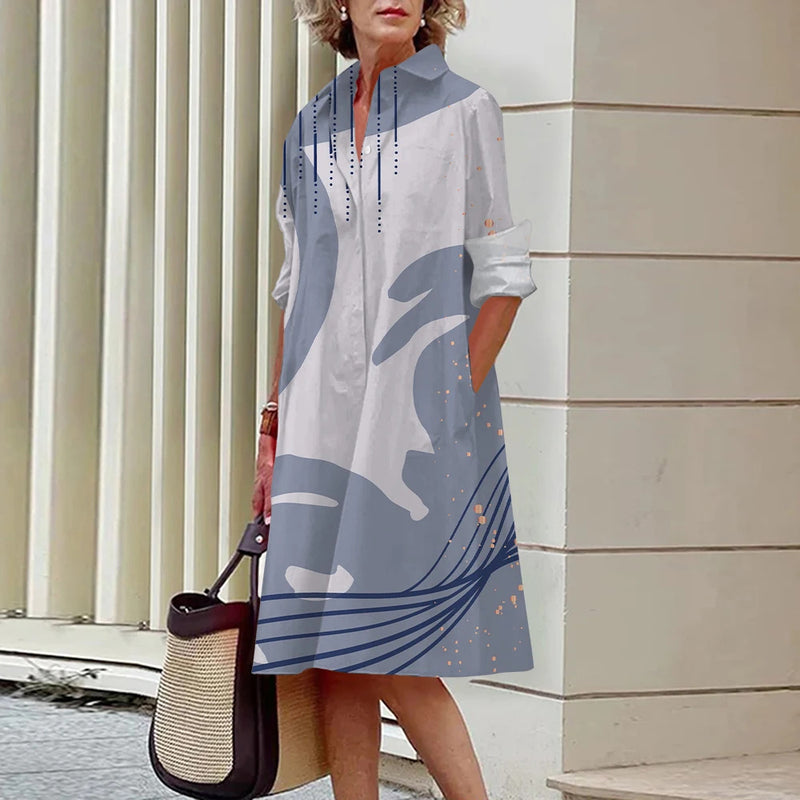 Floral Pattern Shirt Dress Elegant Women's Summer Casual Lapel Long Sleeve Midi Dress High Temperament Fashion Street Shirt