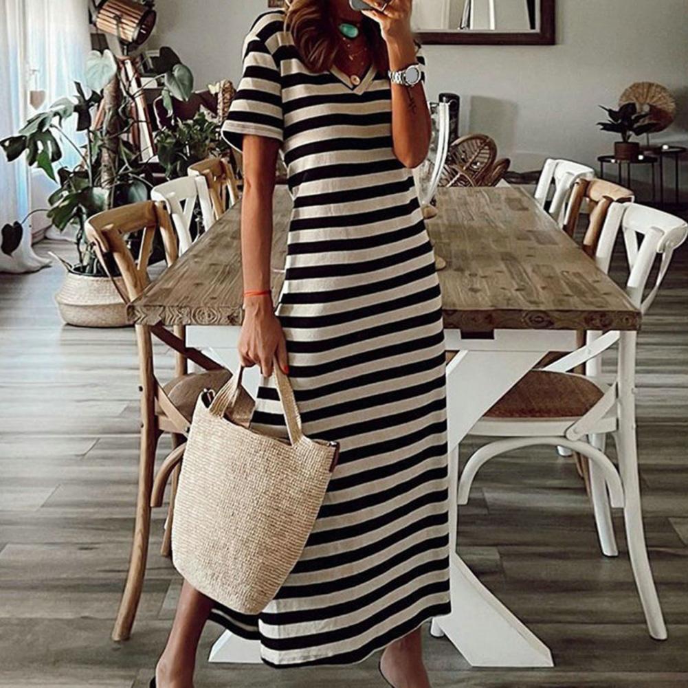 Summer Dresses 2023 Woman Plus Size Dresses For Women Casual Stripe Print V-neck Short Sleeve Loose Long Dress Robe Femme