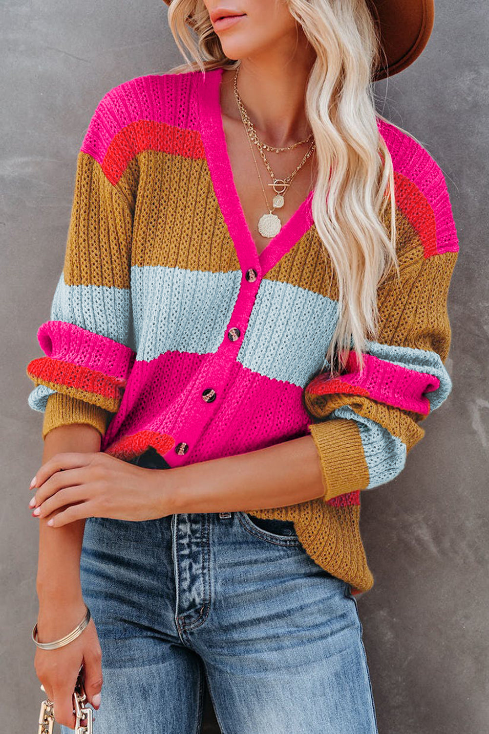 Rose Color Block Knitted Buttoned V Neck Sweater