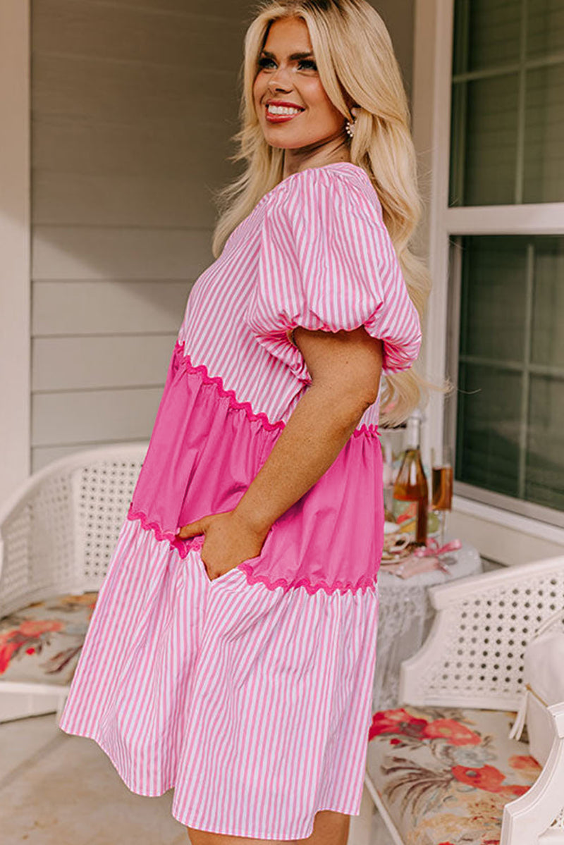 Pink Ricrac Block Accent Puff Short Sleeve Flowy Plus Dress