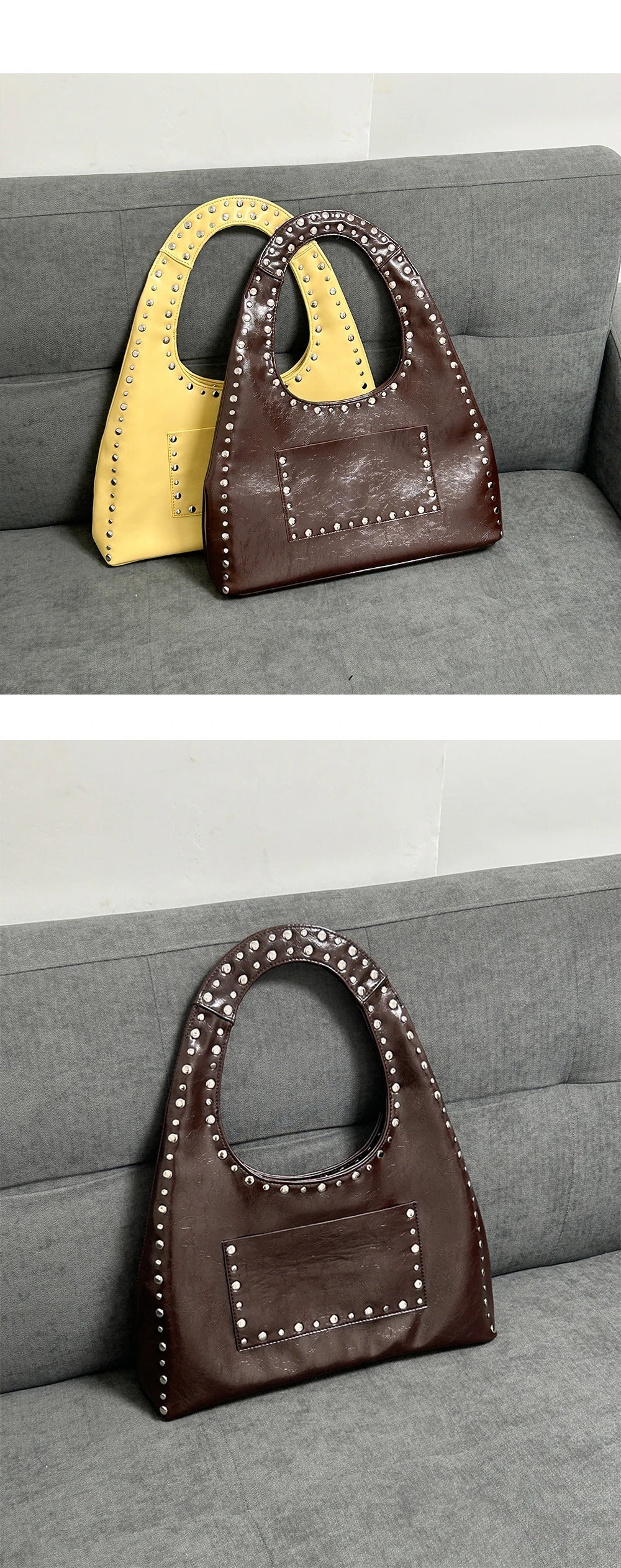 24 new retro rivet decorative shoulder bag European and American motorcycle wind oil wax leather armpit handbag for women