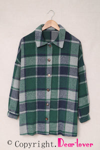 Green Plaid Print Buttoned Shirt Jacket