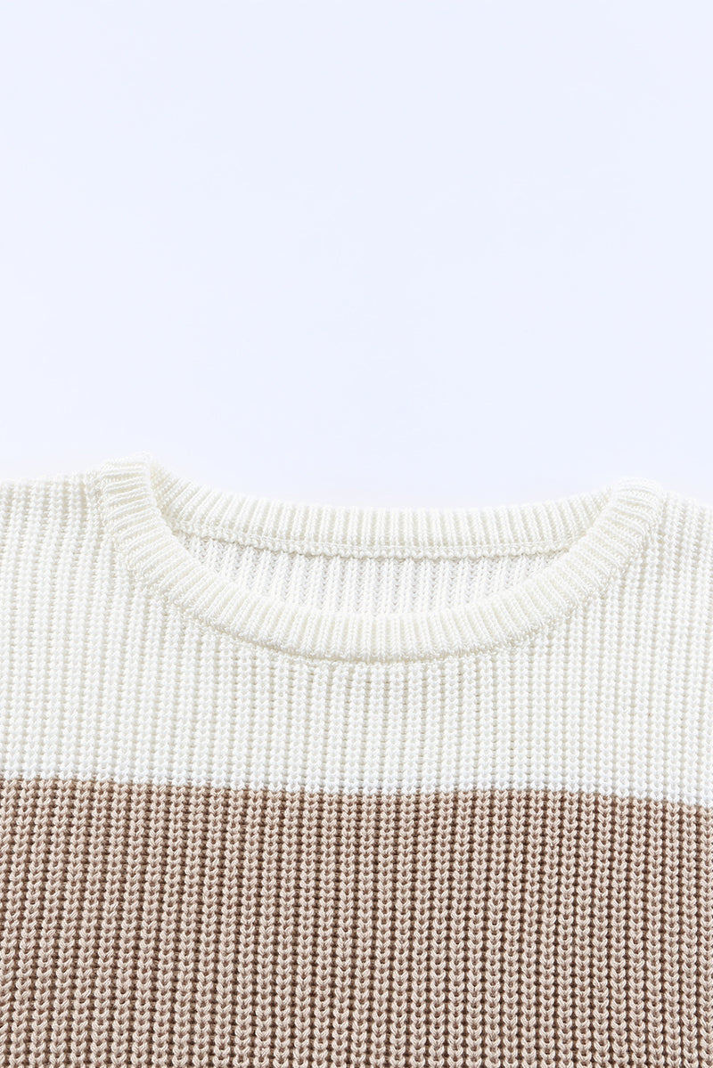 Chestnut Color Block Knitted O-neck Pullover Sweater