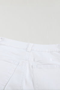 White Plain High Waist Buttons Frayed Cropped Denim Jeans