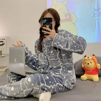 Thickened Warm Flannel Women Pajamas Loungewear Striped Top and Trousers Large Size Sleepwear Homewear Nightwear Cartoon Rabbit