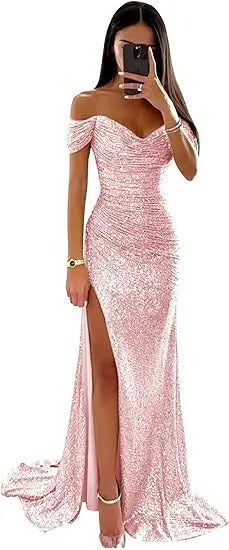 Women Mermaid Champagne Evening Maxi Dresses 2024 Elegant Off-Shoulder Sequin Split Prom Formal Gowns For Party Customized