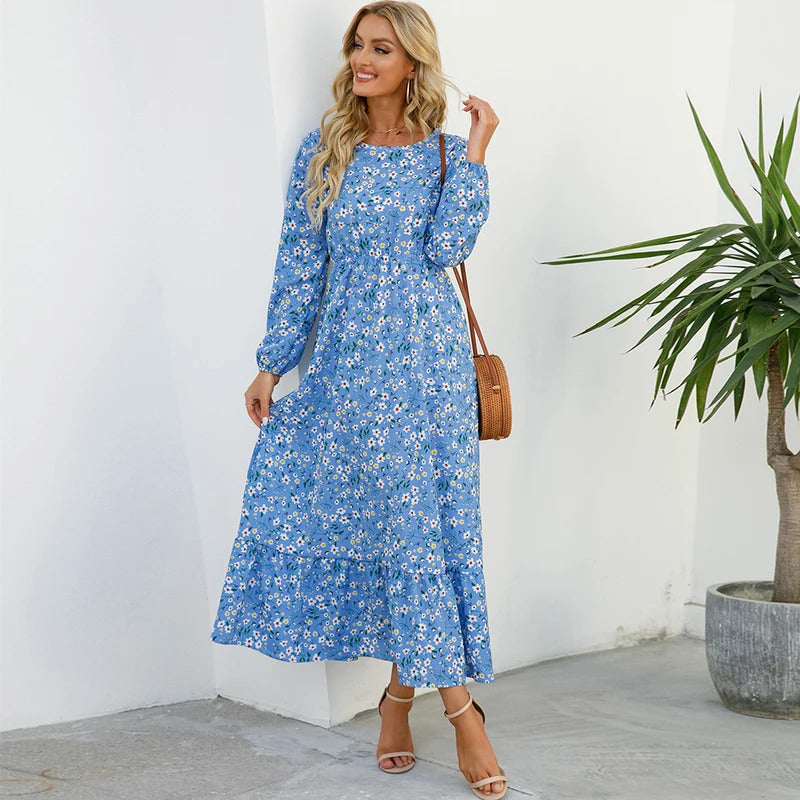 Women Maxi Dresses Sping Autumn Bohemian Casual Full Sleeve High Waist Beach Woman Chiffon Dresses Floral Vestidoes Long Dress