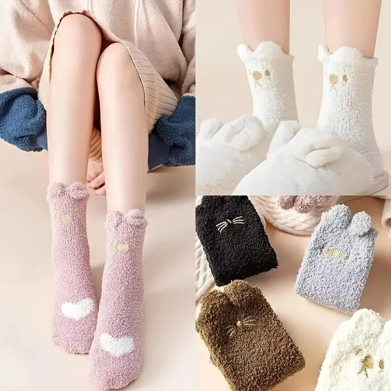 5 Pairs Warm & Fuzzy Cartoon Animal Socks, Crew Length Warm Coral Fleece Socks For Winter, Women's Stocking & Hosiery