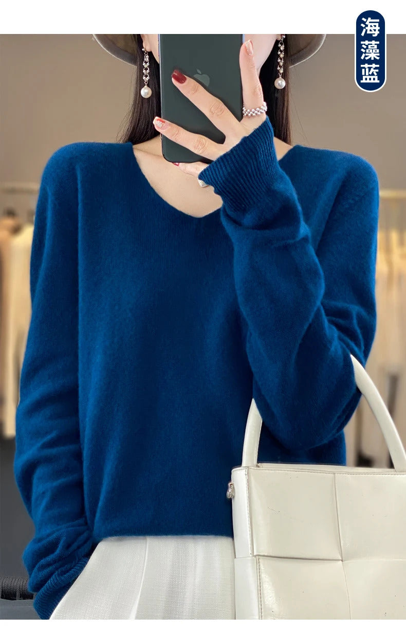 100% pure wool cashmere sweater women's V-neck pullover casual knit top autumn and winter women's coat Korean fashion