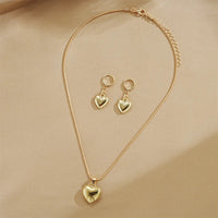 Glossy Gold Plated Metal Love Heart Dangle Earrings Necklace Jewelry Set for Women Simple Dainty Daily Wear Outfit Accessories