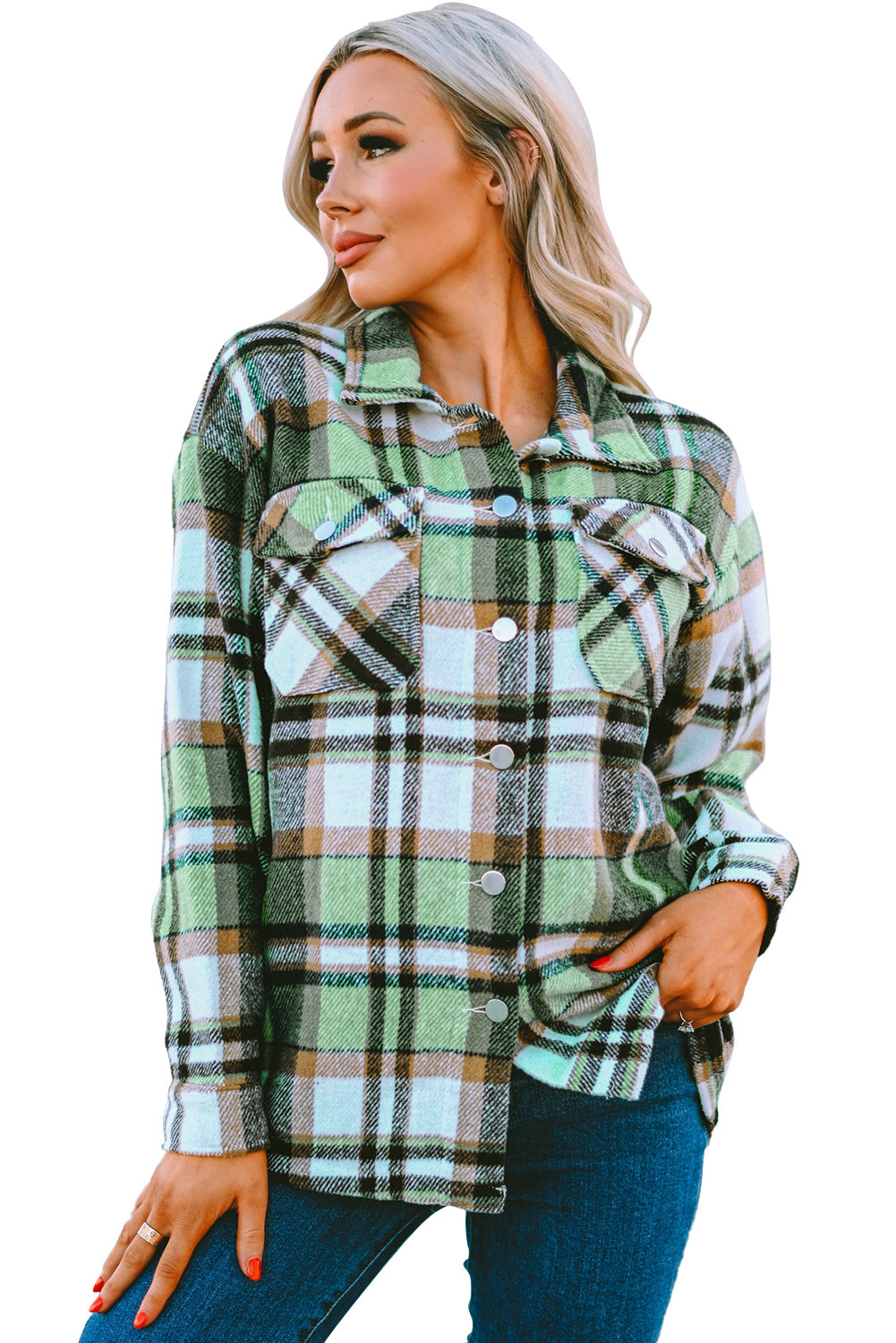 Blue Geometric Plaid Print Pocketed Shacket