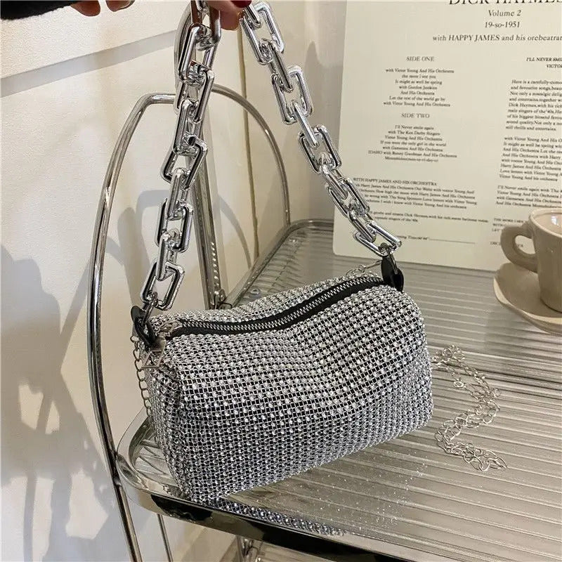 Allover Rhinestone Bucket Bag, Glitter Chain Prom Purse, Women's Mini Crossbody Bag (6.3*3.54) Inch