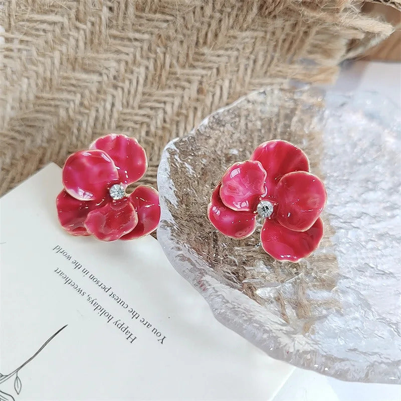 LATS Red Blue Enamel Flower Stud Earrings for Women Korean Fashion Five Petals Crystal Flowered Lovely Cute Girls Ear Decoration