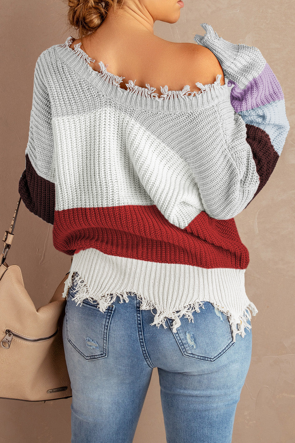 Gray Colorblock Distressed Sweater