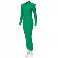 Shoulder Padded Long Sleeve Bodycon Green Party Club Maxi Long Dress  Spring Autumn Women Fashion Elegant Clothes