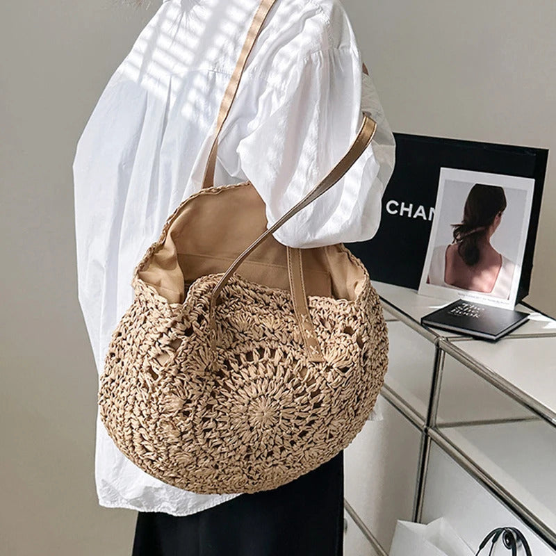 Summer Round Straw Women Vacation Woven Beach Shoulder Bag Large Capacity Hollow Out Simple Tote Bag