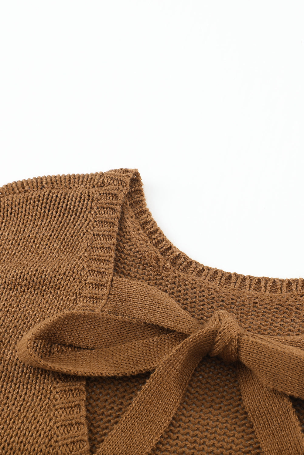 Brown Drop Shoulder Back Cut-out Sweater with Tie