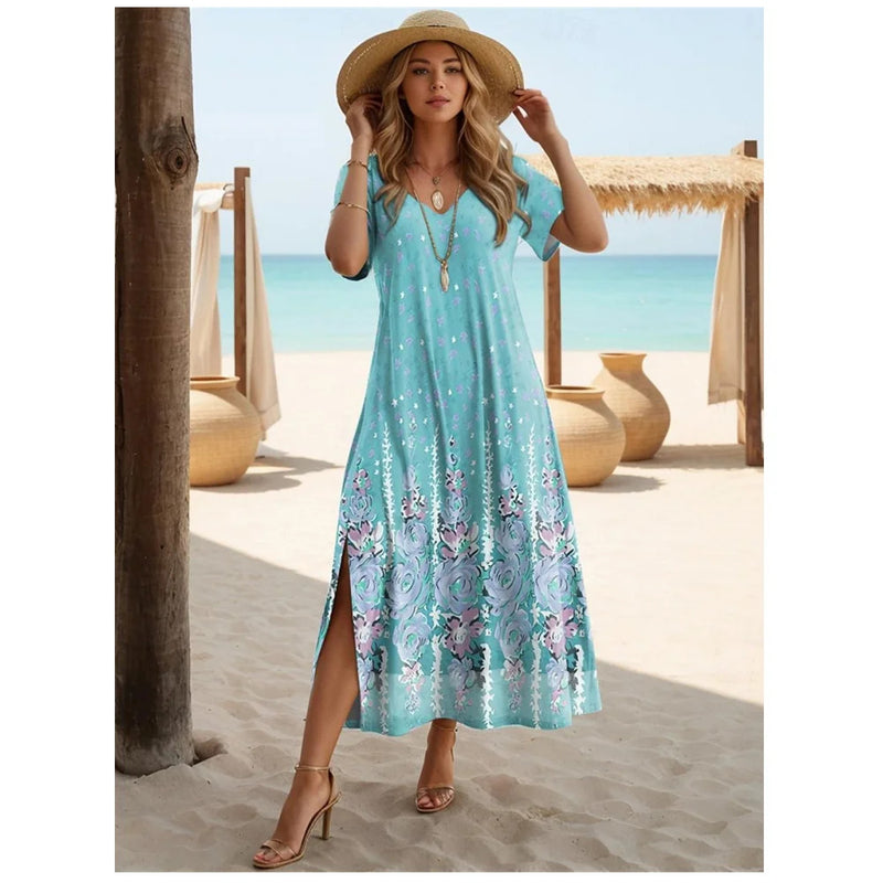 Elegant Dresses For Women Holiday V-Neck Long Dress 3d Vintage Flowers Print Short Sleeve Slit Skirt Summer New Beach Dresses