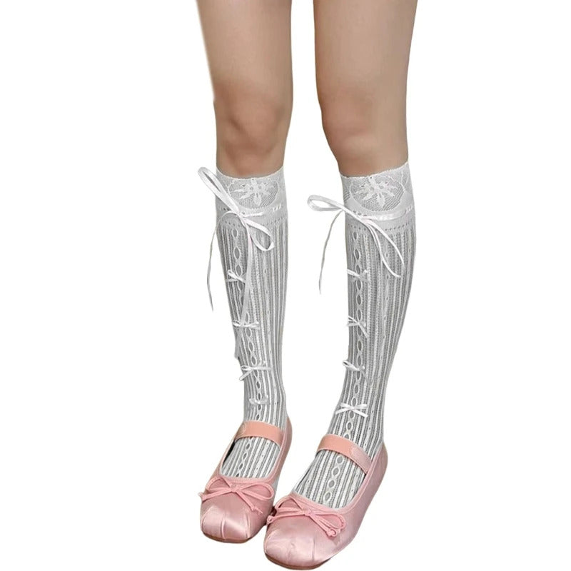 Women Lolita Fishnet Thigh High Socks Japanese Style Heart Striped Lace Patterned Over Knee Long Stockings Ruffled Frilly Kawaii