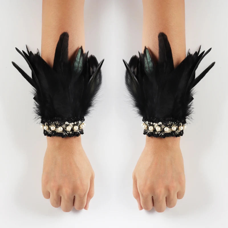 Gothic Rooster Feather Wrist Cuffs Natural Dyed Feather Arm Warmers Halloween Cosplay Party Rave Stage Performance Accessories