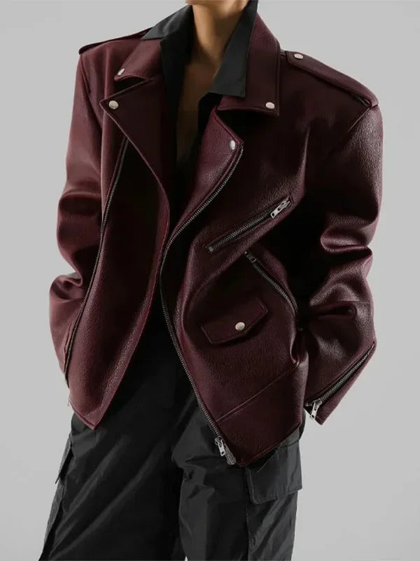 Women Burgundy Leather Double Zipper Motorcycle Jacket Fashion Loose Lapel Long Sleeve Pu Cropped Coats Autumn Female Streetwear