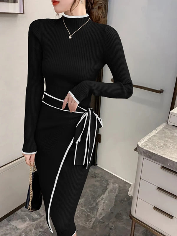 Women Knitted Dress New Autumn Winter Slim Lace-Up Long Sleeve Bottoming Sweater Skirt Elegant Fashion Office Female Vestidos