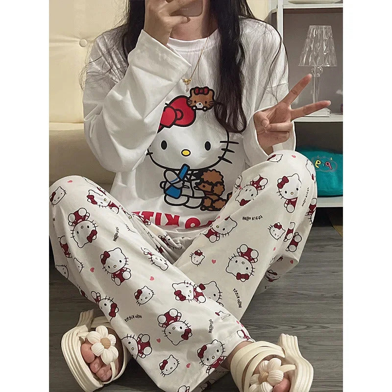 Women's Loose Round Neck Cute Kitty Homewear Pajamas Women's Simple Leisure Long Sleeve Long Pants Two-piece Suit Pajamas  Women