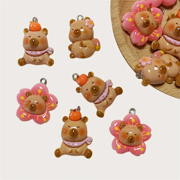 10pcs/Pack Cartoon Kapibala Resin Charms Cute Flower Orange Capybara Pendant DIY For Earring Keychains Jewelry Make