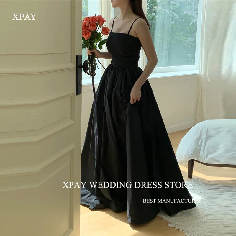 XPAY Black A Line Taffeta korea Evening Dresses Photo shoot Customised 4 Styles Short Sleeves Prom Gowns Wedding Party Lace Up