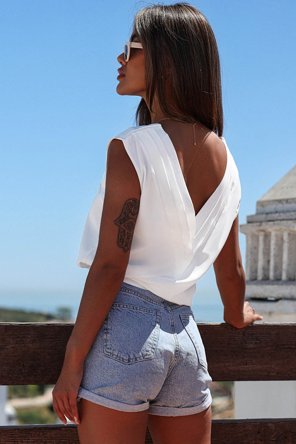 Rose V Neck Pleated Backless Cap Sleeve Top