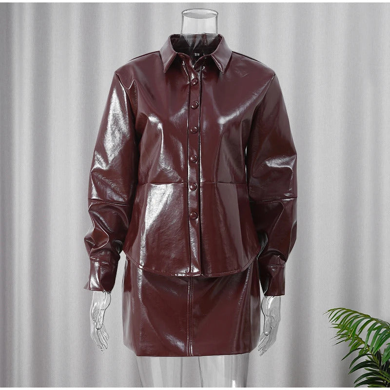 2024 Chic Burgundy Pu Leather Women's Mini Skirt Set Retro Slim Fit Lapel Single-breasted Jacket Suit Female High Street Outfits