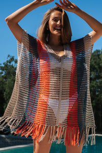 Multicolor Striped Tassel Crochet V Neck Beach Cover Up