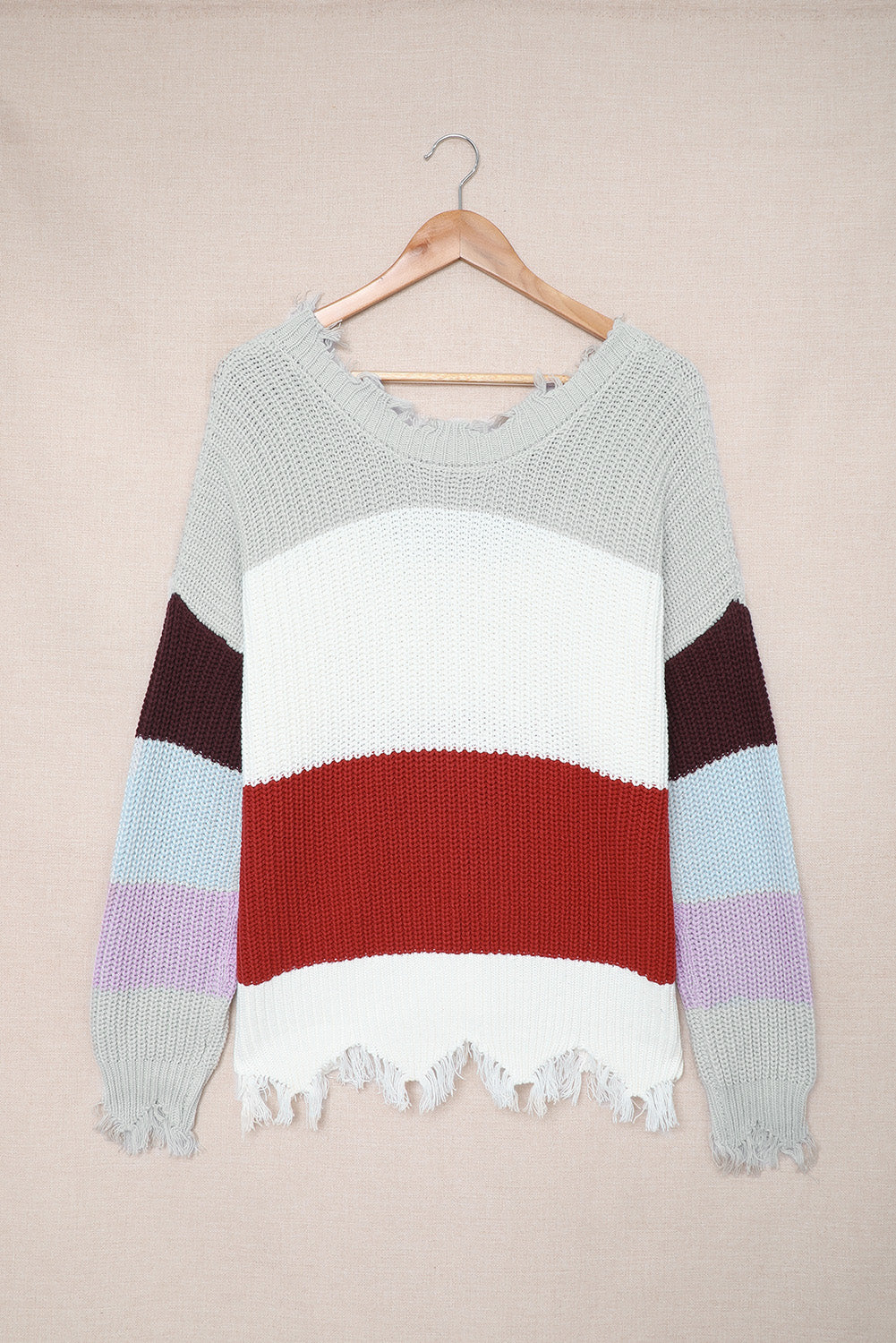 Gray Colorblock Distressed Sweater