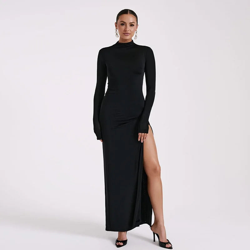 Tossy Black Backless Slim Long Dress For Women High Split Fashion Long Sleeve Patchwork Party Dress Ladies Elegant Maxi Dress