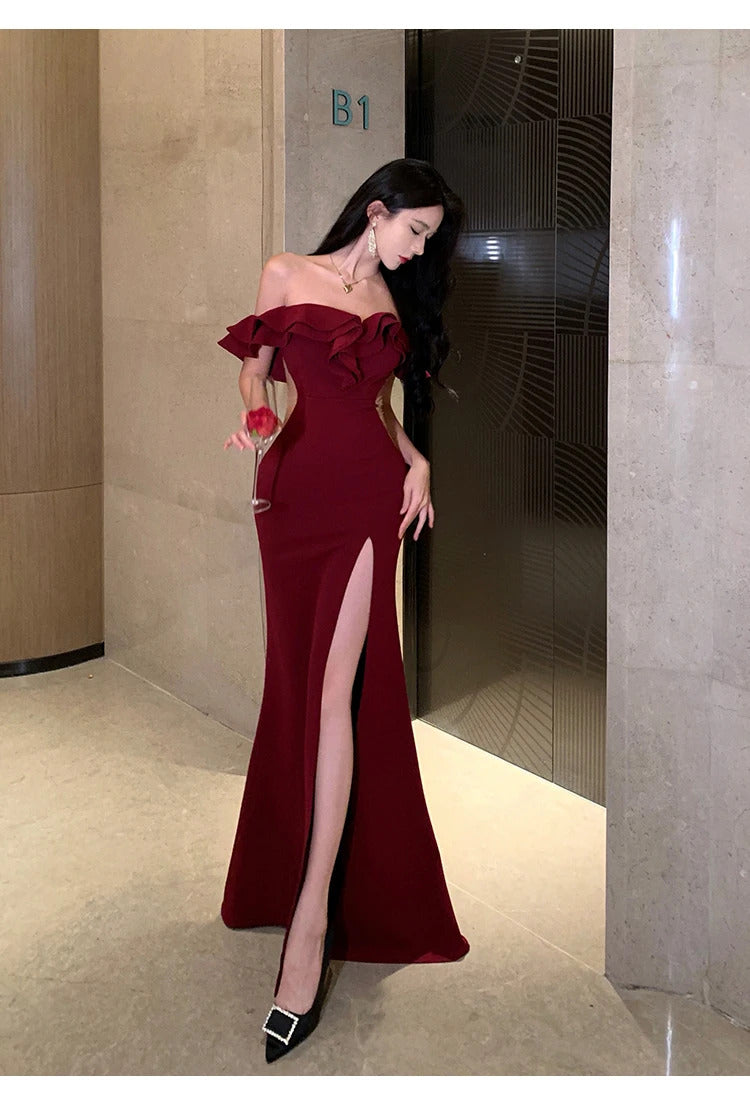 Sexy Bodycon Long Dresses for Women Wedding Evening Party Prom Robe Ruffles Slash Neck High Split Hollow Out Summer New Vestido