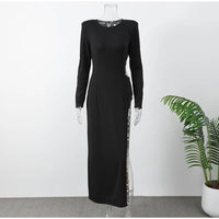 Chic O Neck Sliver Sequins Side High Split Woman Long Sleeve Dress Sexy Hollow Out Slim Fit Maxi Dresses New Evening Party Robes