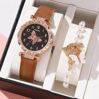 Women Fashion Watch Set No Box Quartz Wristwatch Luxury Crystal Rhinestone Pearl Quartz Watches Butterfly Watches Bracelet Set