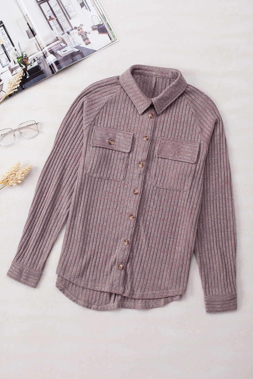 Purple Button Flap Pocket Ribbed Knit Shacket