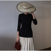 2025 New Elegant Contrast Spliced Pleated Maxi Hem Dress Women's Round Collar Long Sleeve Slim Robe Female Partywear Dresses