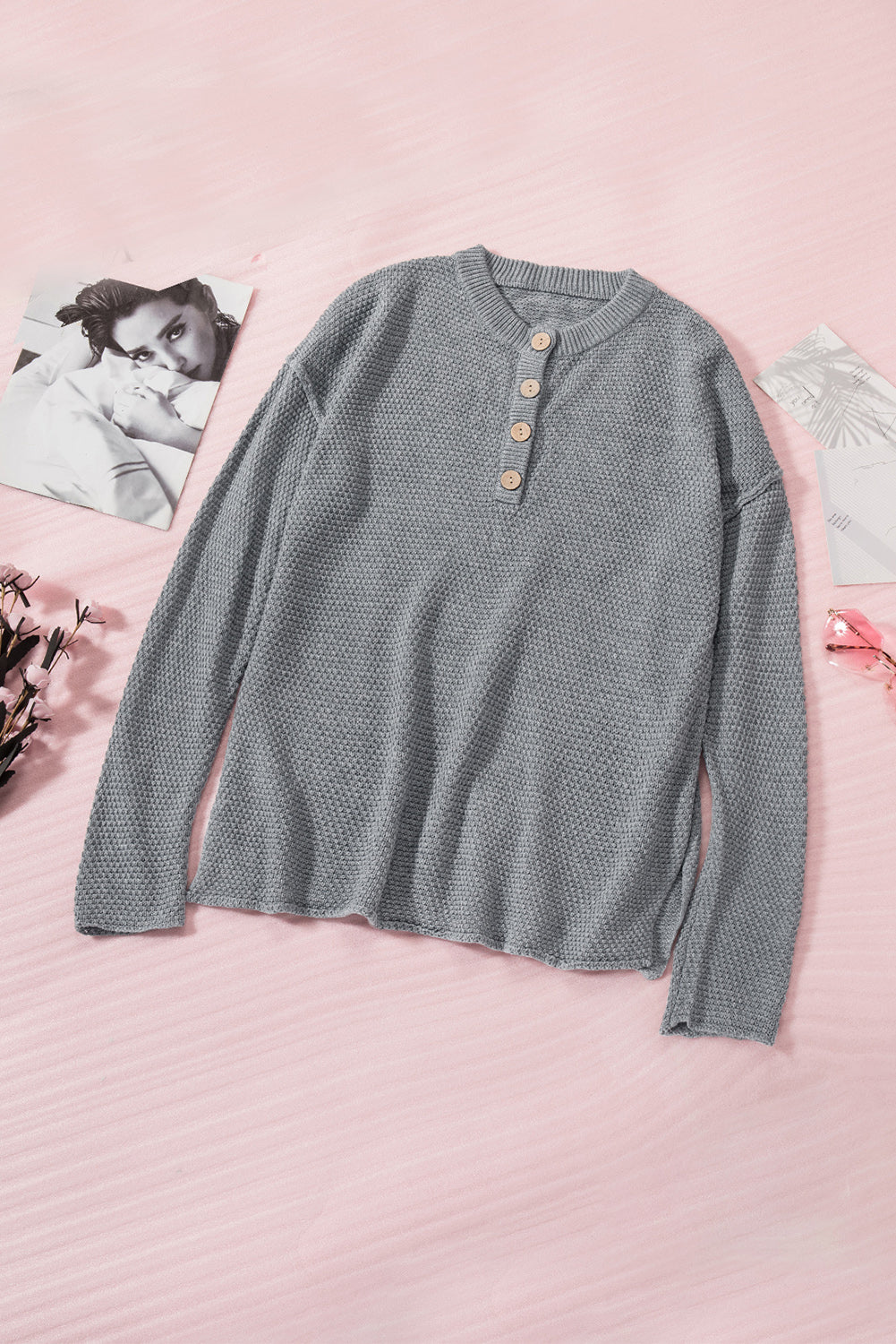 Gray Henley Pullover Drop Shoulder Sweater with Slits