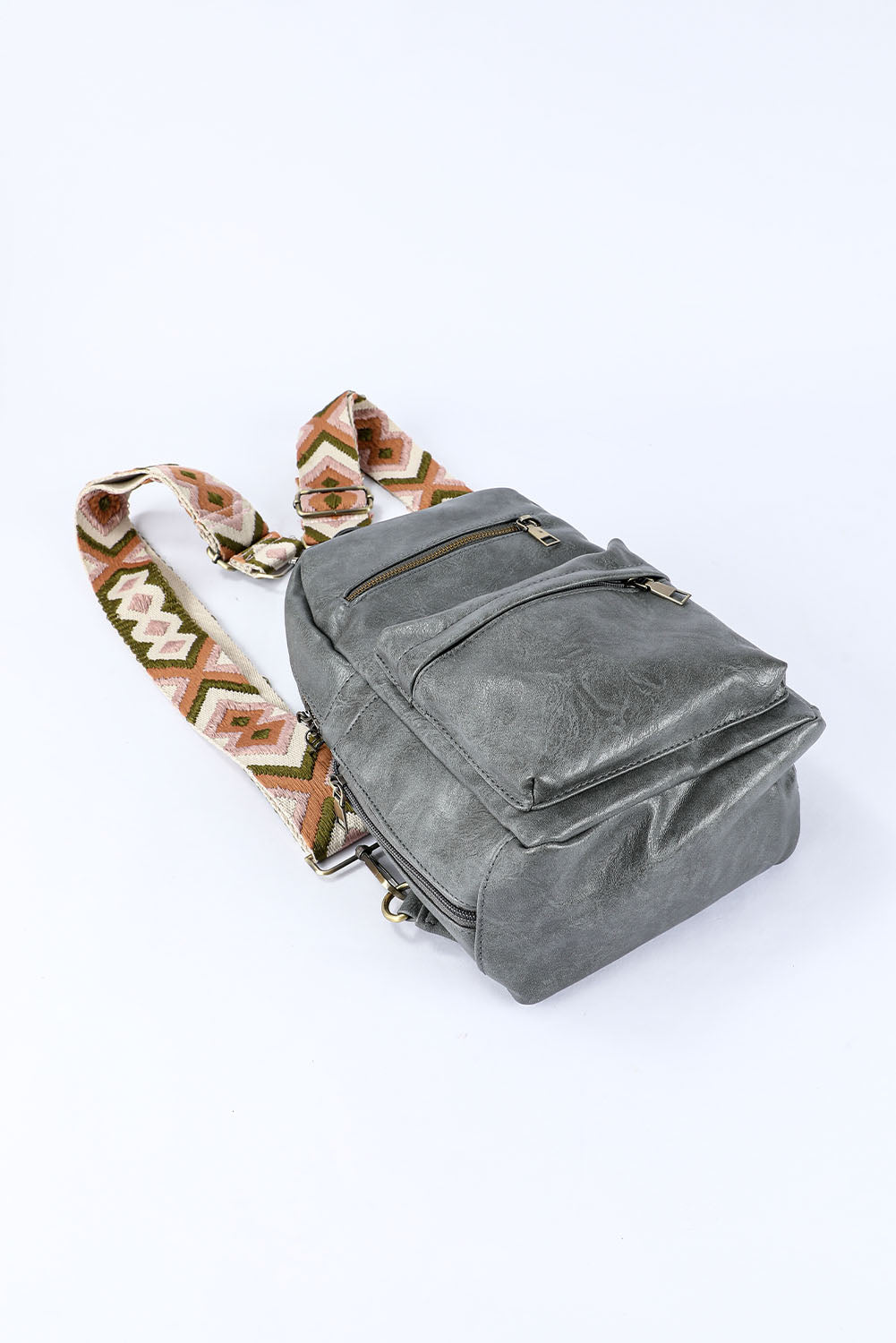 Gray Double Zipper Faux Leather Backpack