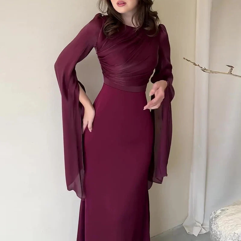 Fashion Satin Solid Robe Dress Ladies Temperament O-neck Slim Evening Dress Elegant Batwing Sleeves High Waist Pleats Long Dress