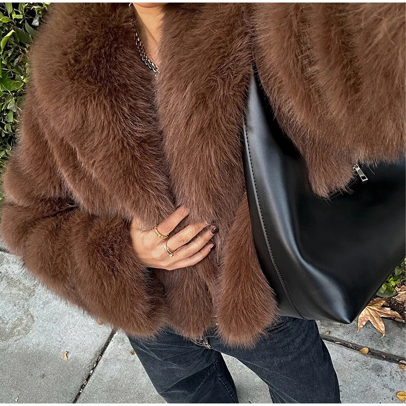 Street Women's Long Fluffy Fur Coat With Belt Slim Lapel Long Sleeve Thicken Overcoat 2024 Winter Lady Elegant Luxury Outwear