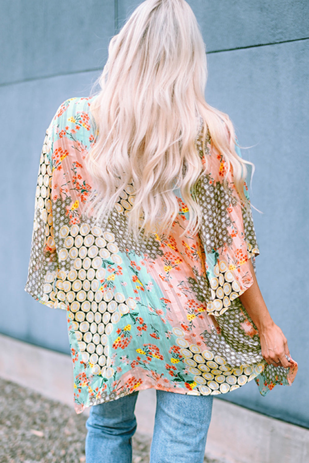 Green Floral Mixed Print Open Front Plus Kimono