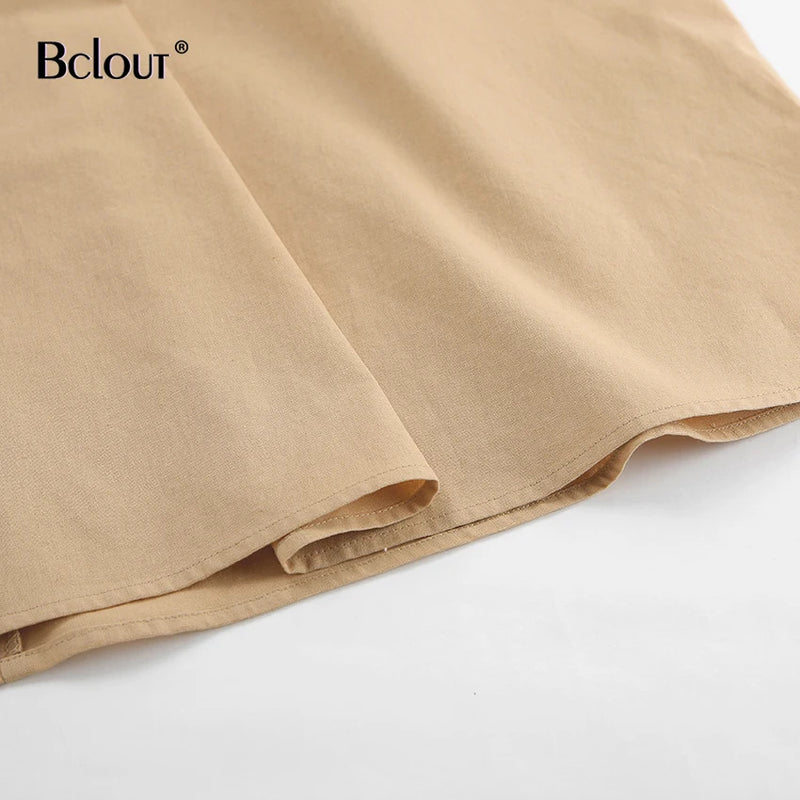 Bclout Fashion Brown Linen Long Dress Women 2024 Elegant Lace-Up Pockets A-Line Dresses Summer Sexy Backless Party Pleated Dress