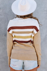 Khaki Crew Neck Striped Long Sleeve Sweater