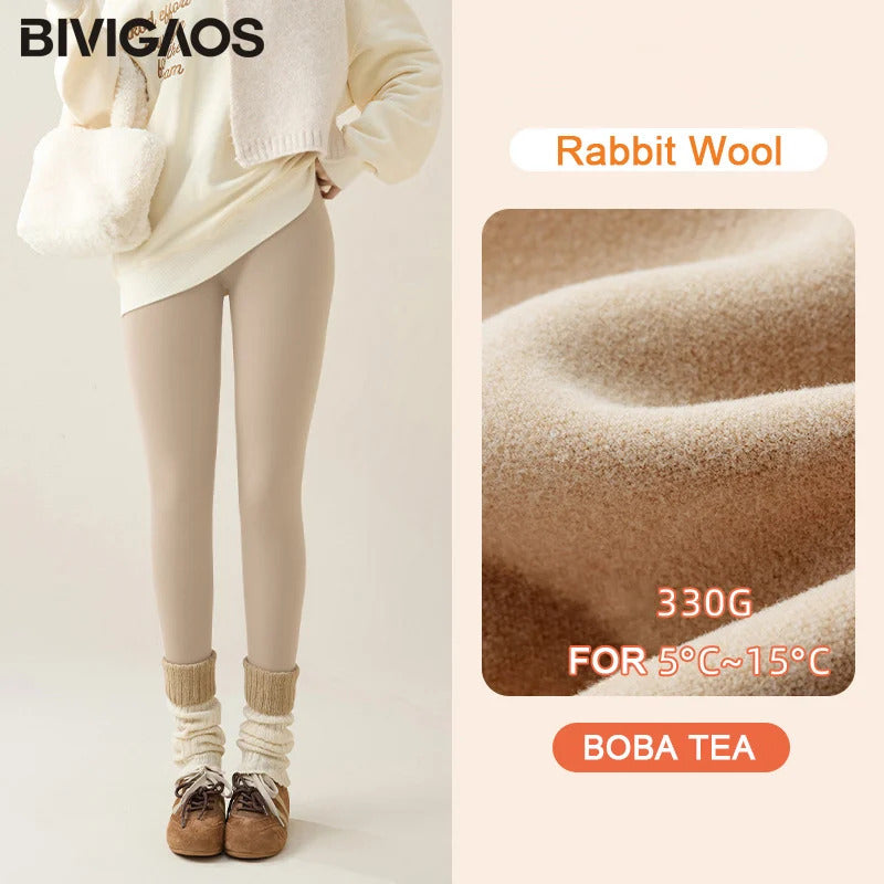 BIVIGAOS New Autumn Winter Rabbit Fleece Sharkskin Leggings Women Casual Basic Thicken Warm Leggings Brown Fleece Lined Tights