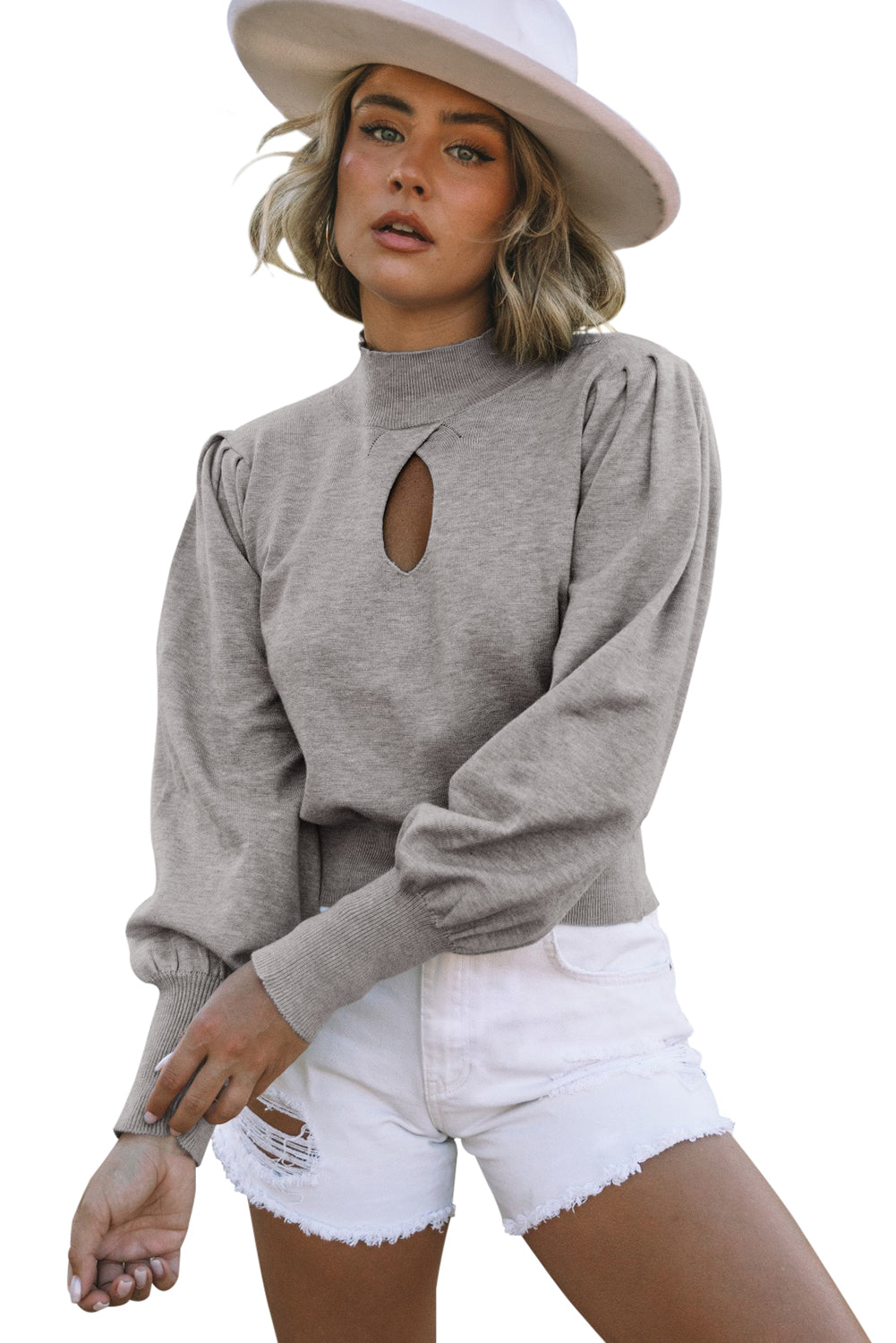 Gray Mock Neck Keyhole Sweater