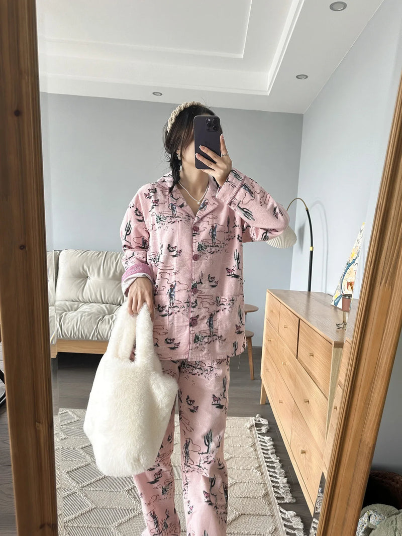 100% Cotton Pajamas for Women Loose Cartoon Long Sleeve Pants Loungewear Women 2 Piece Set Pj Women Outfit Sleepwear Set Pijamas